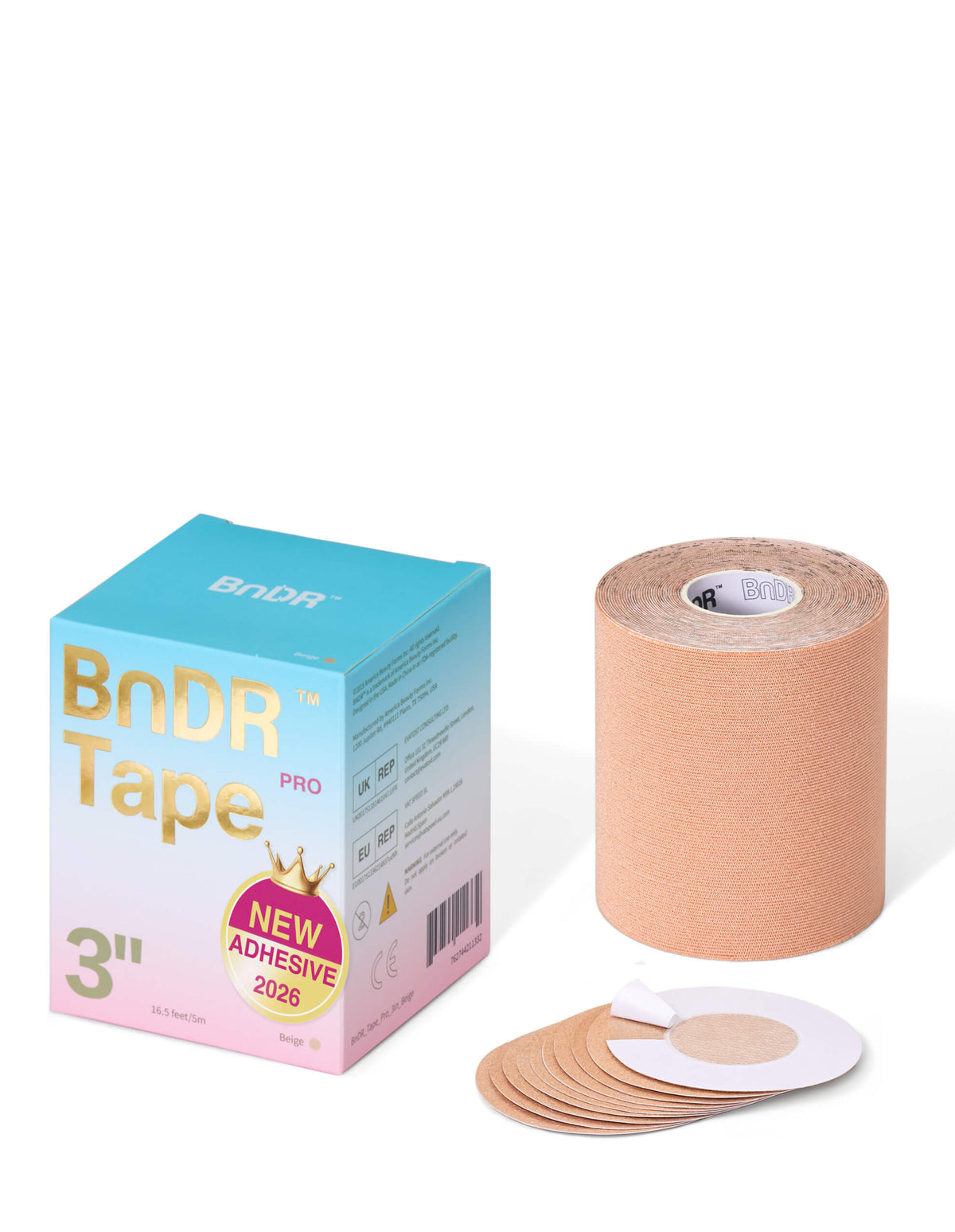 BnDR Pro chest binding tape 3"/8cm Beige. retail box, roll, and nipple covers.