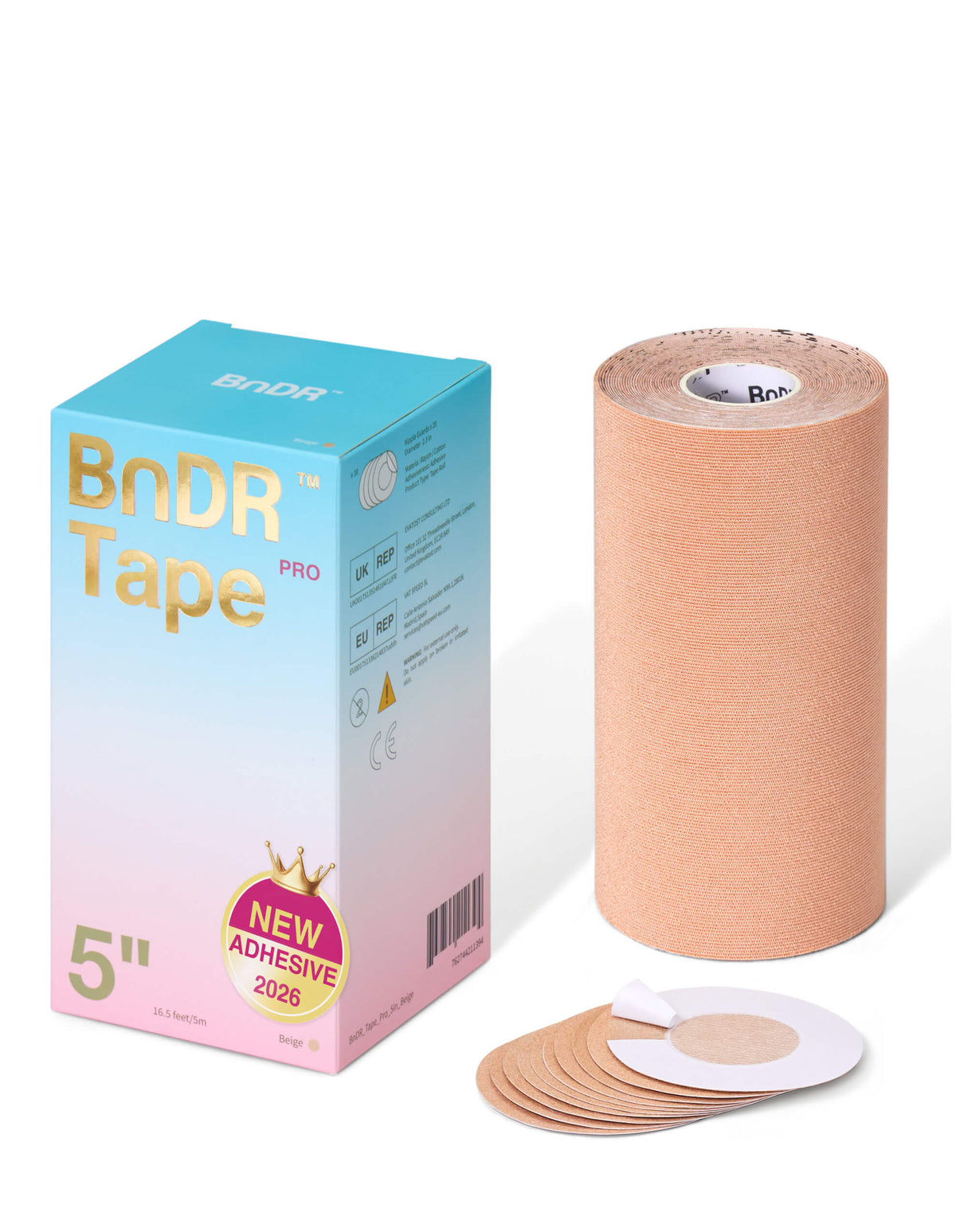 BnDR Pro chest binding tape 5"/13cm Beige. retail box, roll, and nipple covers.