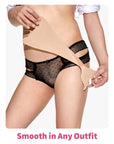 NewEve Mermaid tucking tape. model holding the nude mermaid-shaped strip across the midriff.