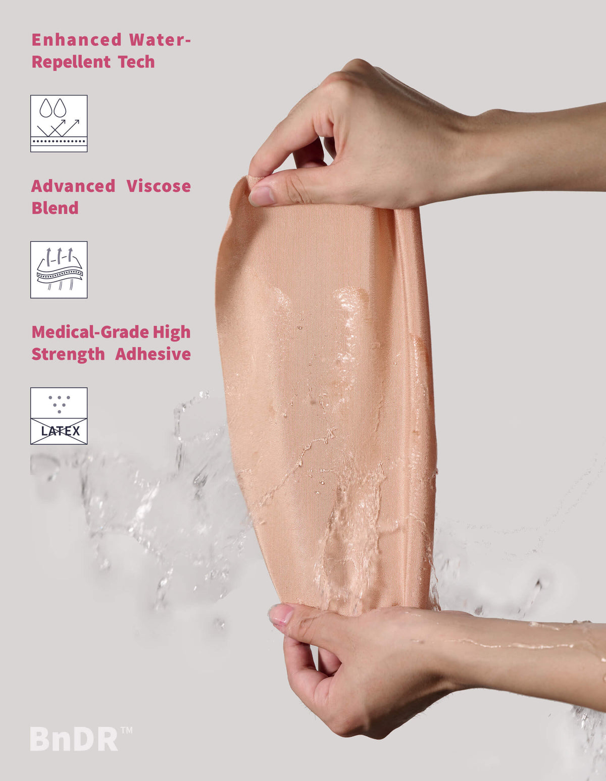 BnDR Pro chest binding tape. hands stretching wet tape with water-repellent feature icons.